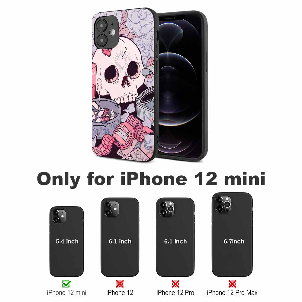iPhone 12 mini case with skull floral design and phone compatibility chart.
