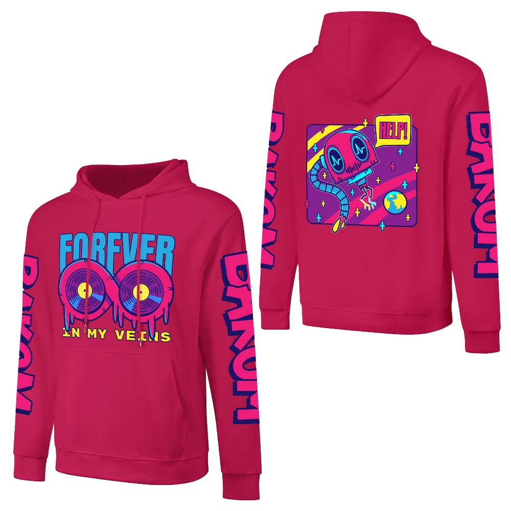 Red cotton hooded sweater with 'FOREVER 99' design and sleeve prints, youth fashion style.