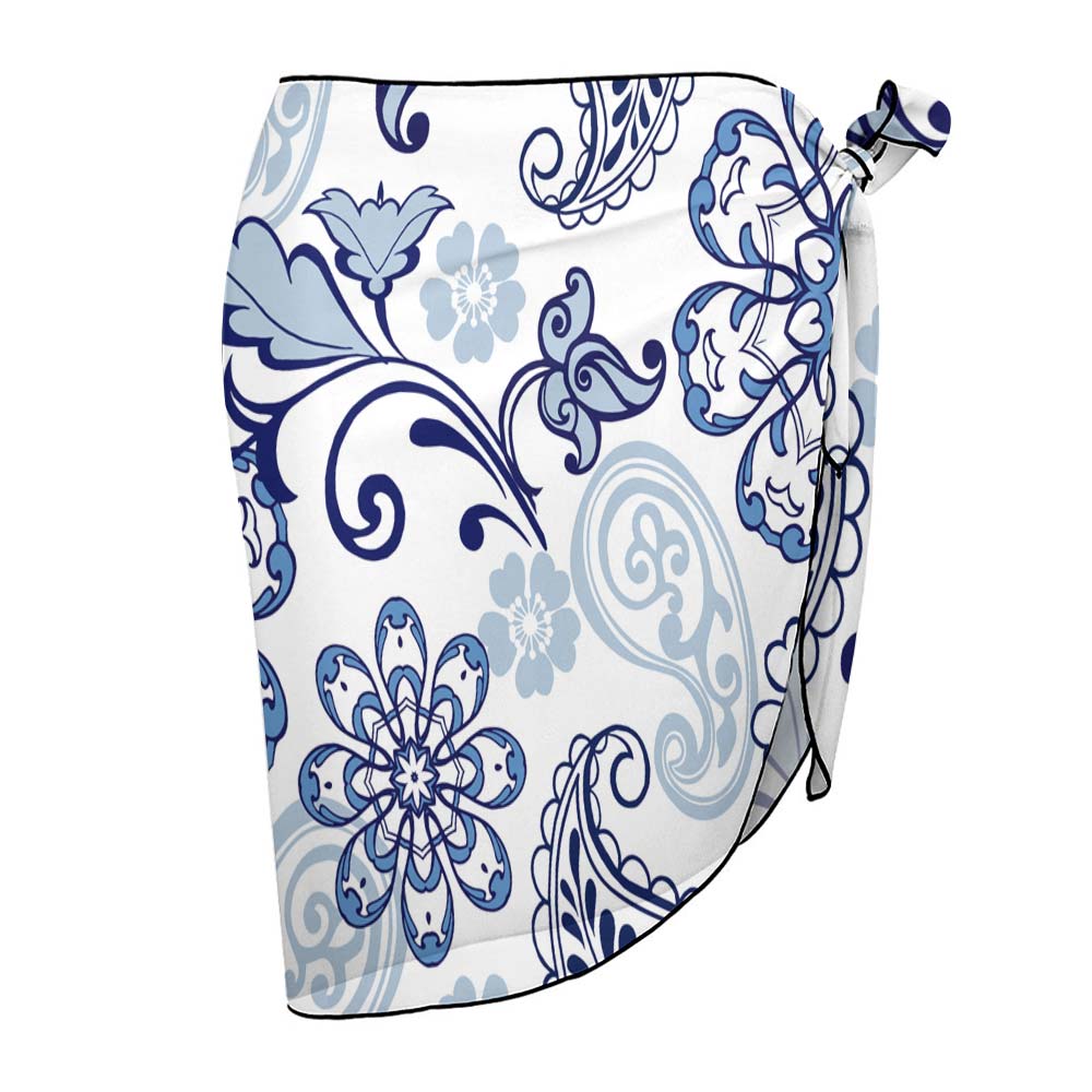 White and blue floral print beach wrap skirt, adjustable tie, perfect for beach cover-up.