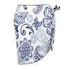 White and blue floral print beach wrap skirt, adjustable tie, perfect for beach cover-up.