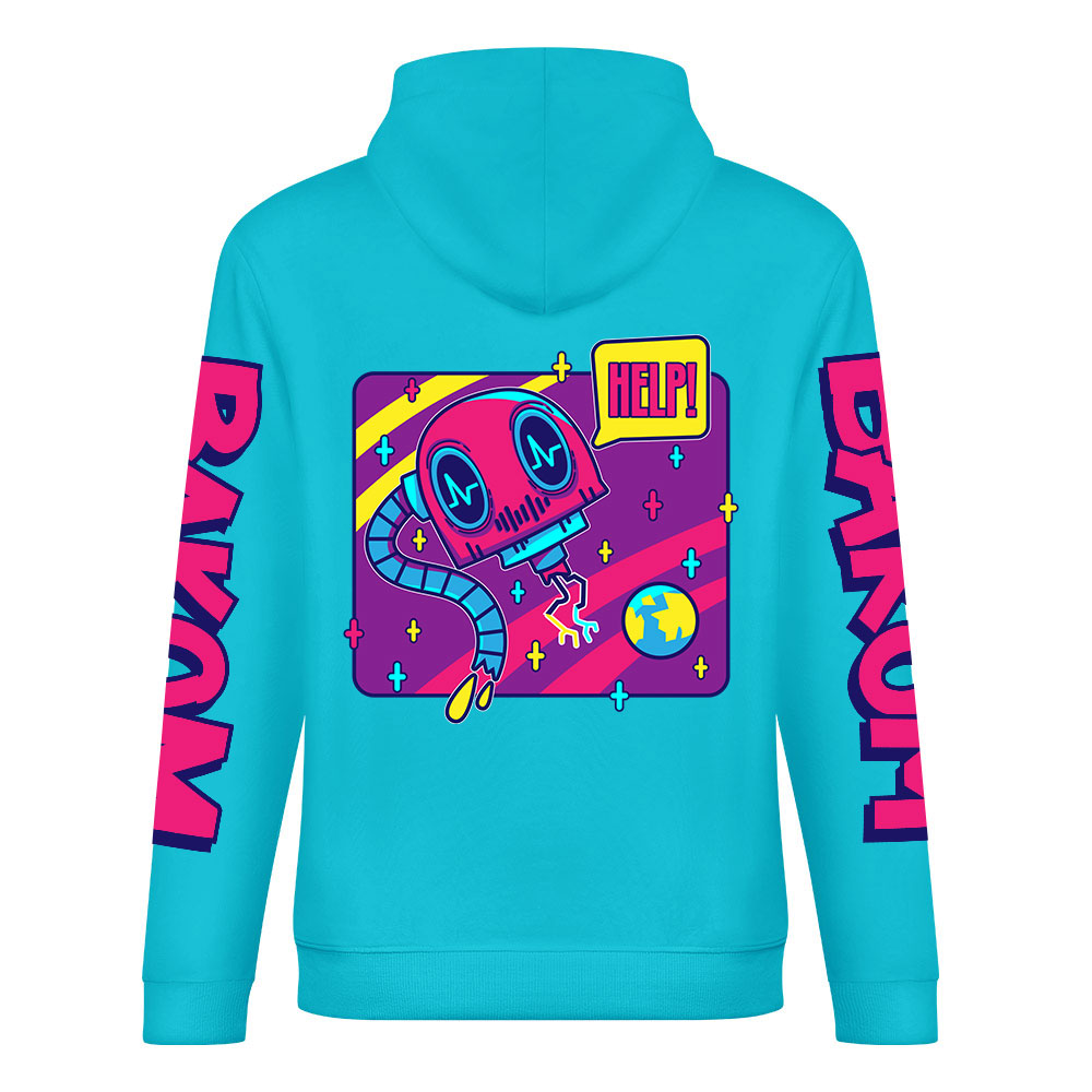 Turquoise cotton hoodie with 'FOREVER 99' donut graphic, DAKUM sleeve prints, youth fashion style.