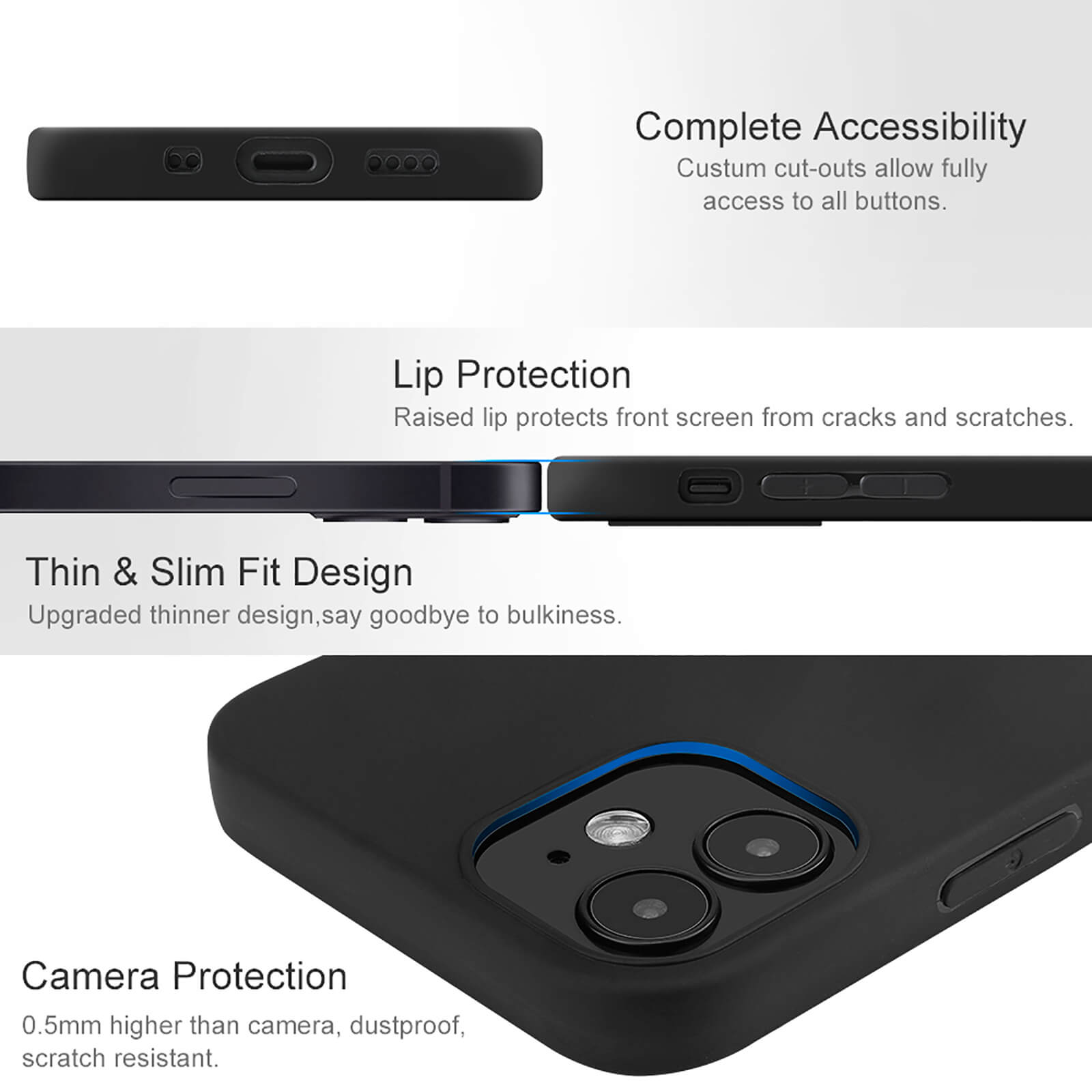 iPhone 12 Series Case Features: Complete Accessibility, Lip & Camera Protection, Thin & Slim Fit. TPU material.