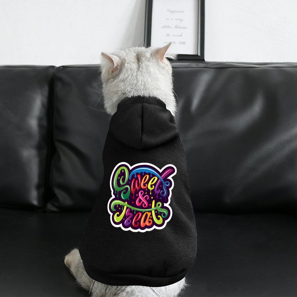 Black pet suit with colorful graphic, polyester cotton fabric, hip-hop style for pets, perfect for outdoor adventures