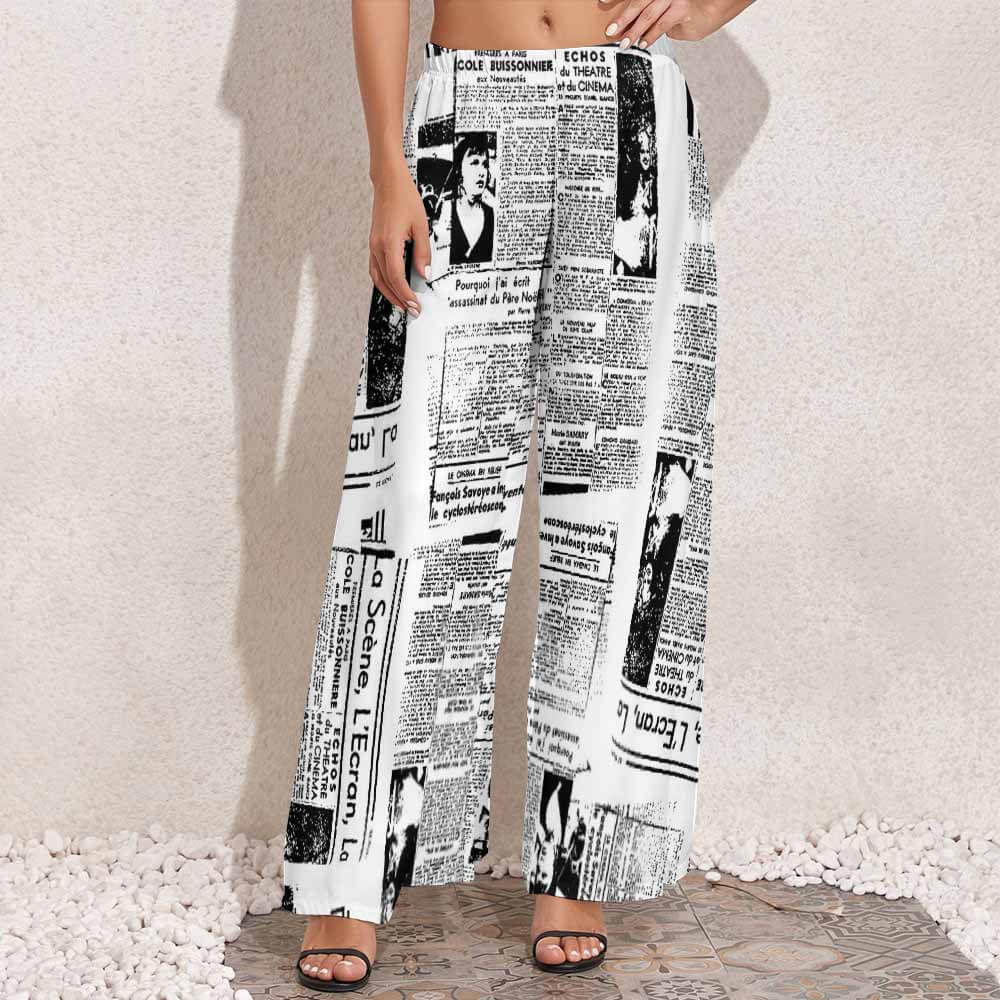 Women's black and white newspaper print wide leg pants made of polyester, high-waisted design