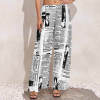 Women's black and white newspaper print wide leg pants made of polyester, high-waisted design