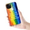 iPhone 15 case with rainbow design and quote, glass and TPU material