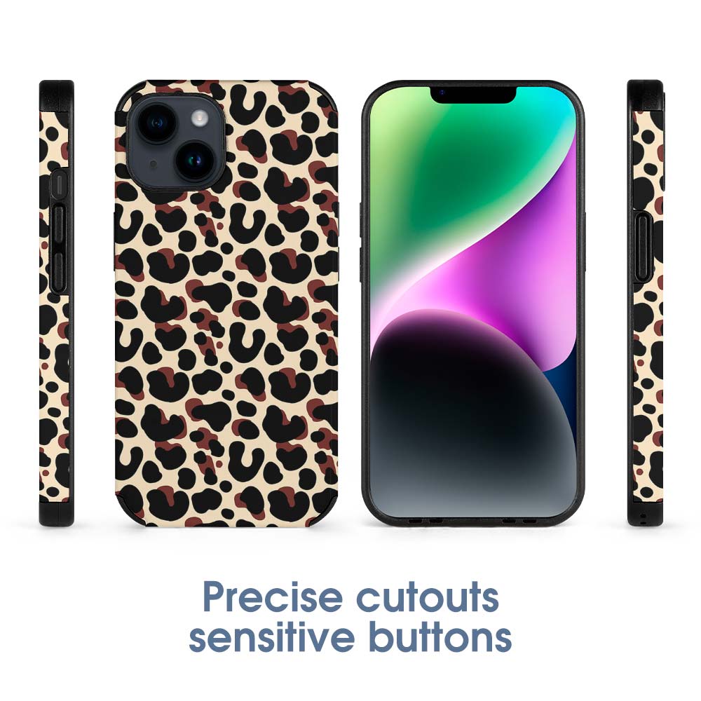 iPhone 14 fiber skin case with leopard print design, scratch-resistant and stylish