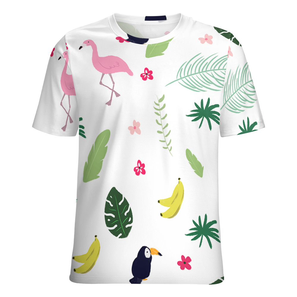 Women's white print t-shirt featuring flamingo and tropical leaf pattern. Comfortable, breathable fabric.