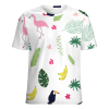 Women's white print t-shirt featuring flamingo and tropical leaf pattern. Comfortable, breathable fabric.