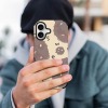 iPhone 16 Fiber Skin Case with brown circle pattern, stylish phone cover.