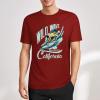 Red cotton T-shirt with Wild Wave California surfing graphic print, summer fashion for men.