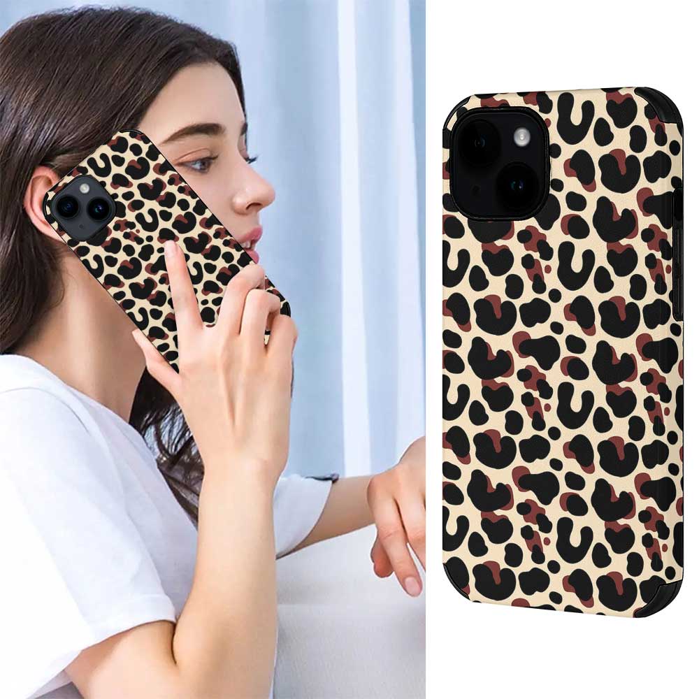 iPhone 14 with leopard print fiber skin case, scratch-resistant and stylish. Woman on phone.