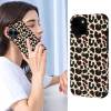 iPhone 14 with leopard print fiber skin case, scratch-resistant and stylish. Woman on phone.