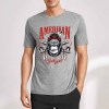 Gray cotton short sleeve T-shirt with "AMERICAN LEGEND" gorilla graphic print, summer fashion.