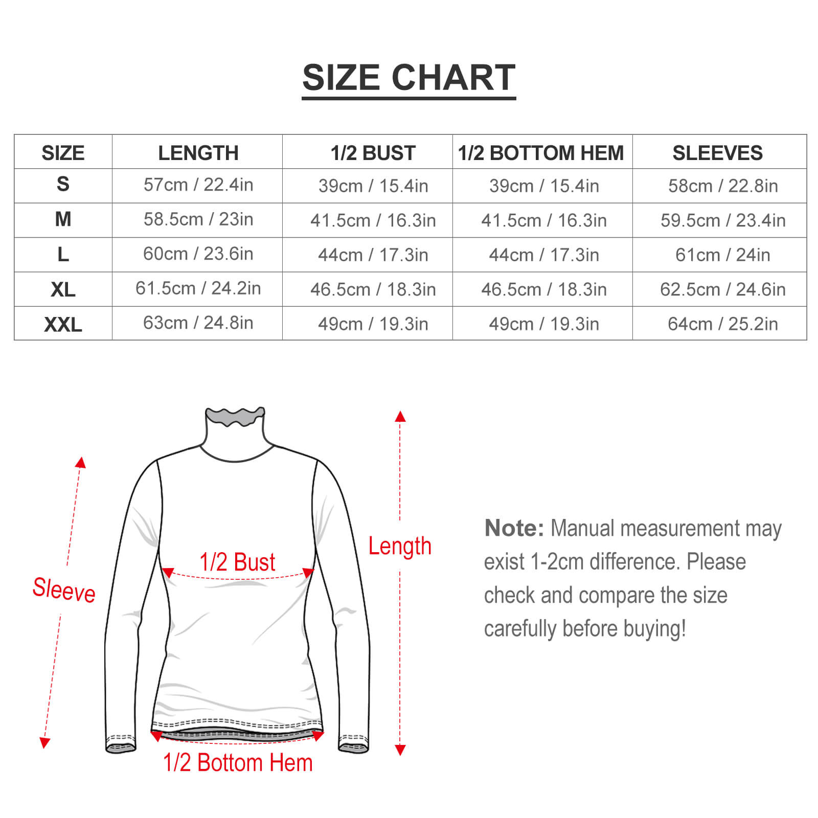 Women's Long Sleeve Lapel Sweater Size Chart - Measurements in cm and inches