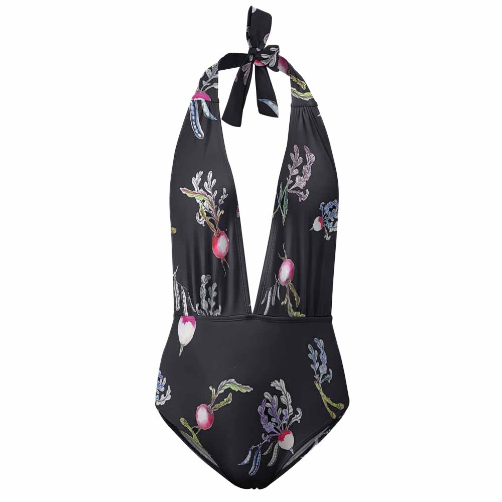 Black Floral Halter One Piece Bikini Swimsuit, Deep V-neck, adjustable straps, perfect for beach and summer vacations.