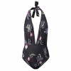 Black Floral Halter One Piece Bikini Swimsuit, Deep V-neck, adjustable straps, perfect for beach and summer vacations.