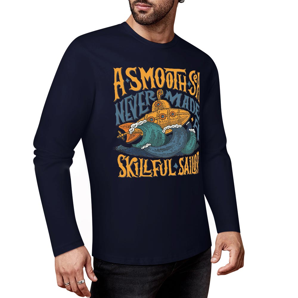 Dark blue pure cotton long-sleeved T-shirt with ASMODUS B-MUDZ Shark Attack graphic for casual wear.