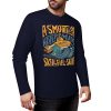 Dark blue pure cotton long-sleeved T-shirt with ASMODUS B-MUDZ Shark Attack graphic for casual wear.