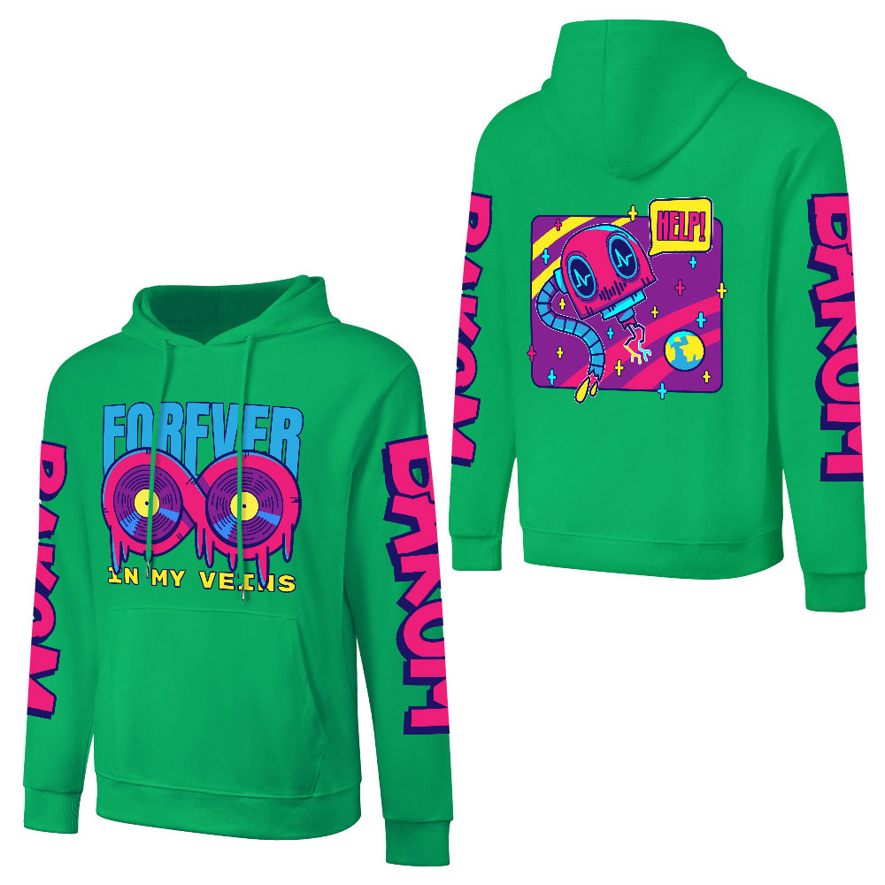Green cotton hooded sweater with 'FOREVER 99' and donut graphic, youth fashion style
