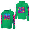 Green cotton hooded sweater with 'FOREVER 99' and donut graphic, youth fashion style