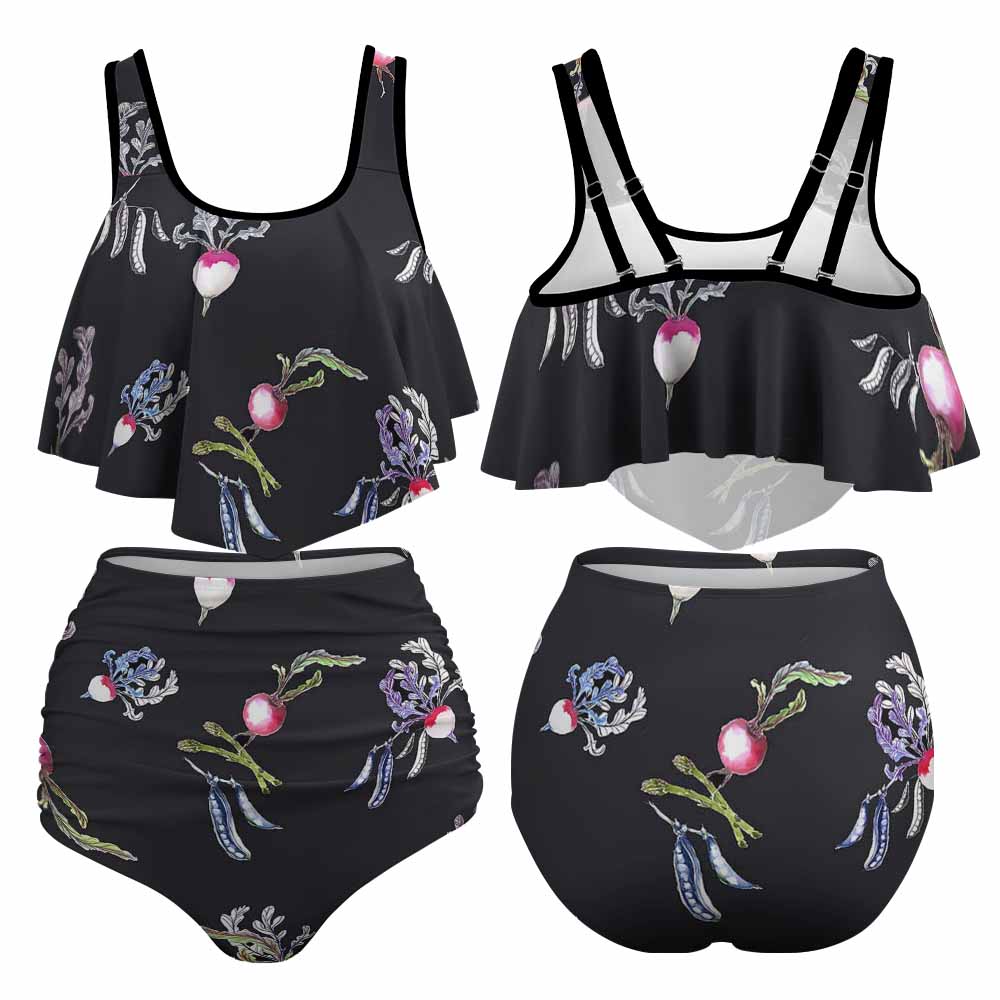 Black floral print bikini swimsuit with layered top and high-waisted bottoms, perfect for beach and pool.