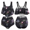 Black floral print bikini swimsuit with layered top and high-waisted bottoms, perfect for beach and pool.
