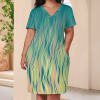 Imitation cotton loose pocket dress with V-neck, featuring a unique patterned design and comfortable fit.
