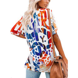 Women's Ice Silk V Neck Short Sleeve Shirt - Colorful Print