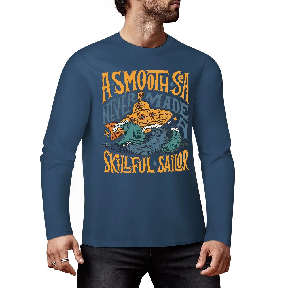 Dark blue ASMODUS Shark Attack long sleeve pure cotton T-shirt for casual wear