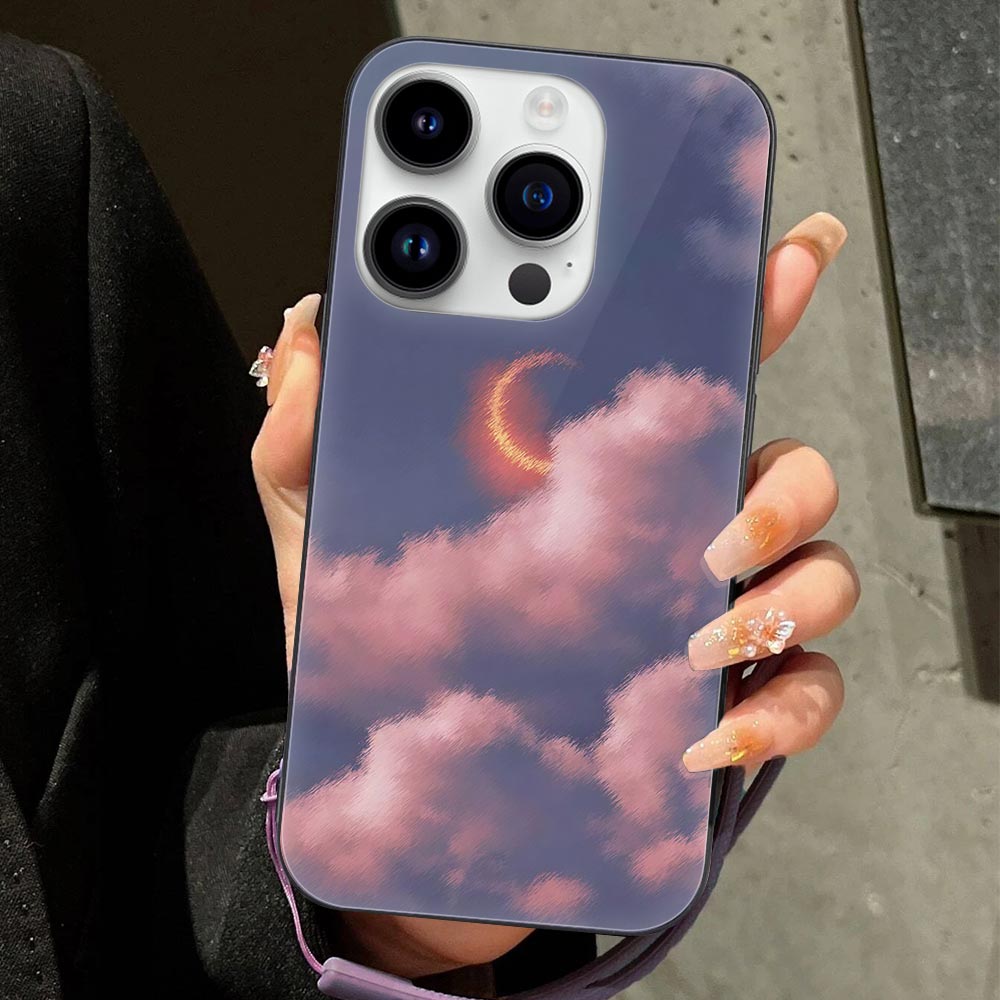 iPhone 14 case with cloud and moon design, glass + TPU, stylish and protective