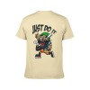 Cream men's cotton T-shirt with cartoon graphic and 'Just Do It' print, breathable fabric.