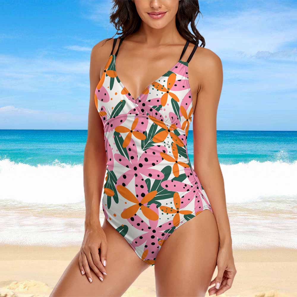 Floral one-piece swimsuit with double shoulder sling, perfect for summer beach wear, Inkedjoy