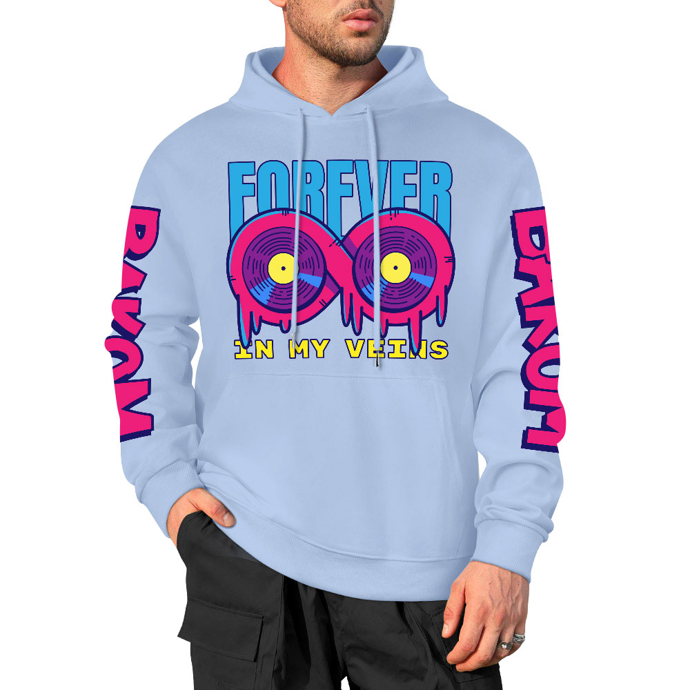Light blue cotton 'FOREVER 99' hooded sweater with donut graphic and sleeve prints, youth fashion style.
