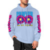 Light blue cotton 'FOREVER 99' hooded sweater with donut graphic and sleeve prints, youth fashion style.