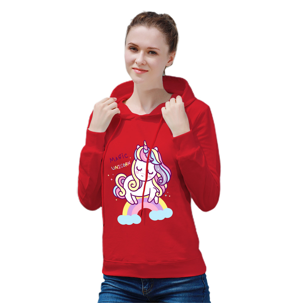 Women's red cotton blend hoodie sweatshirt with unicorn design, comfortable fit
