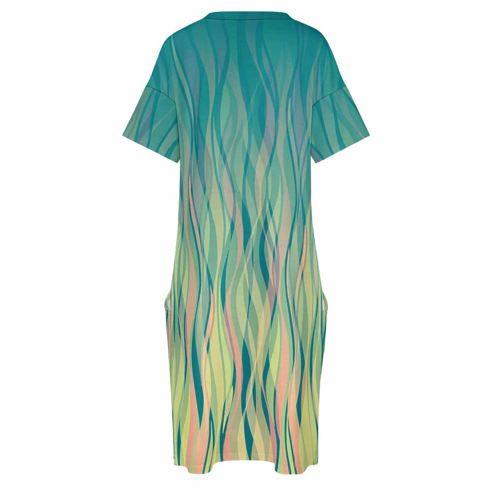 Green imitation cotton loose pocket dress with V-neck and patterned design