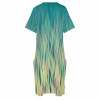 Green imitation cotton loose pocket dress with V-neck and patterned design