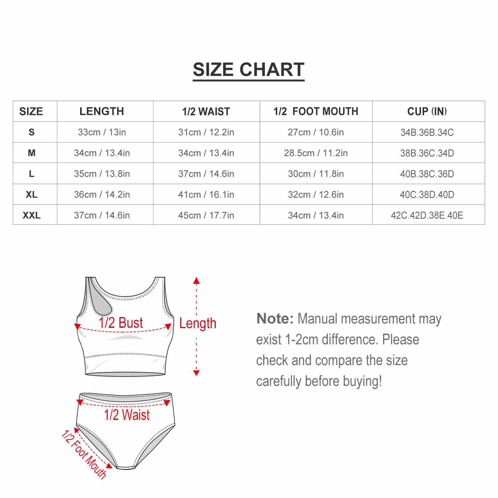 Split swimsuit size chart with measurements for length, waist, and cup, ideal for beach activities.