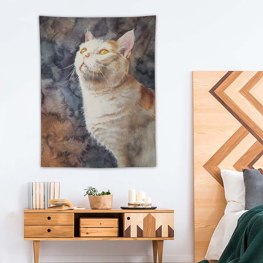 Super Soft Polyester Wall Tapestry featuring a vertical print of a curious cat, perfect for bedroom decor.