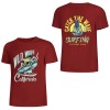 Red cotton surfing T-shirt with 'Wild Wave California' and 'Catch the Wave Surfing' print, summer fashion.
