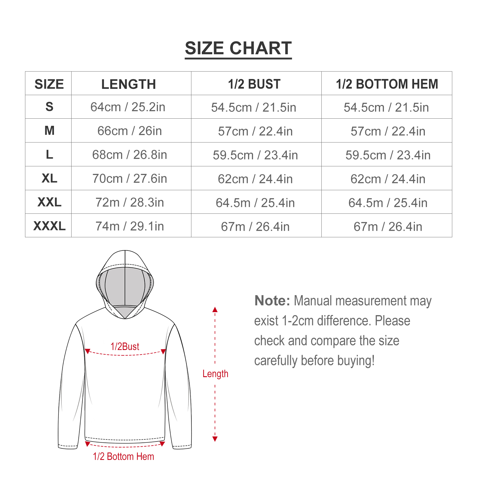 Sun Protection Hoodie Size Chart - Length, Bust, Hem measurements
