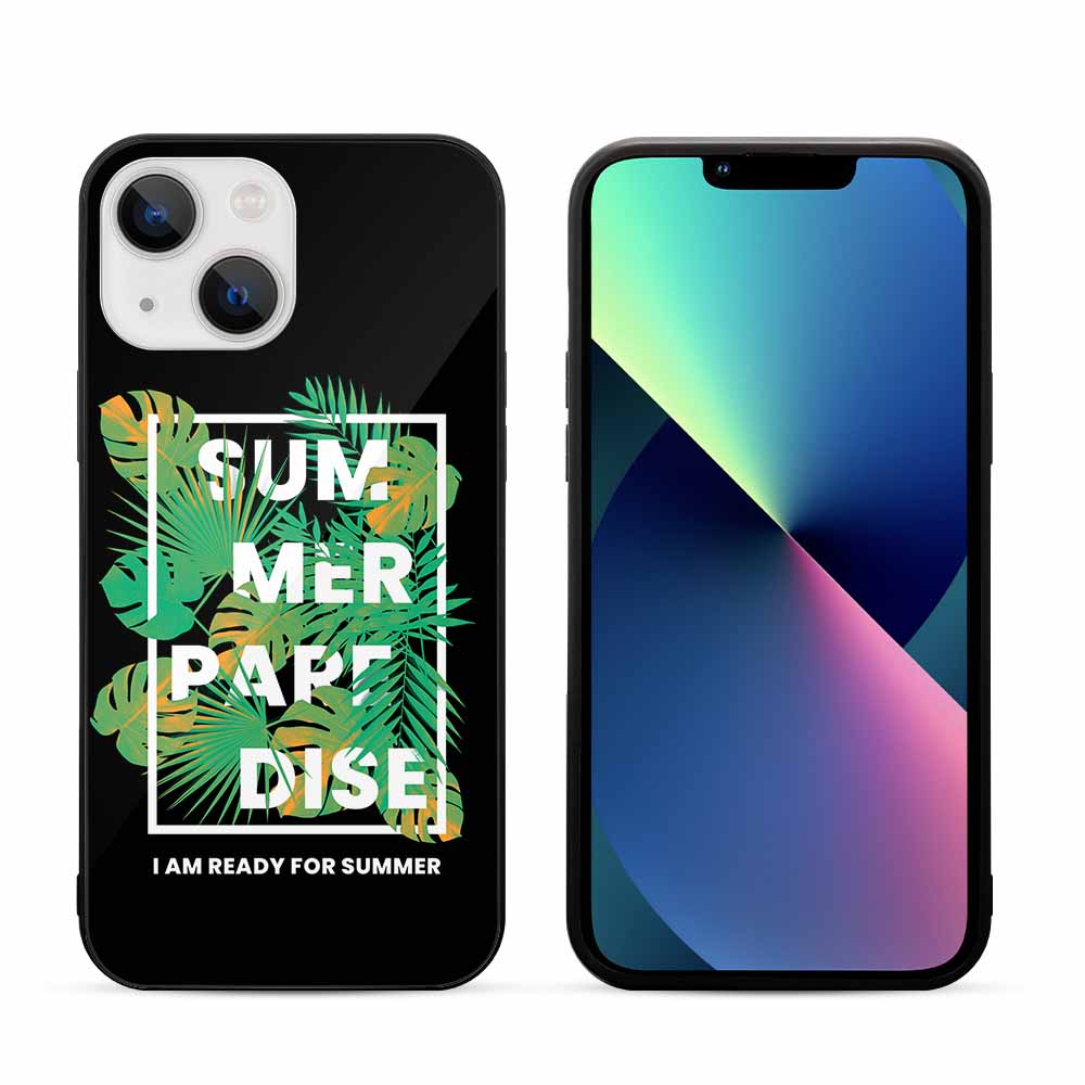iPhone 13 case with SUMMER PARADISE design, glass back, scratch resistant, wireless charging compatible