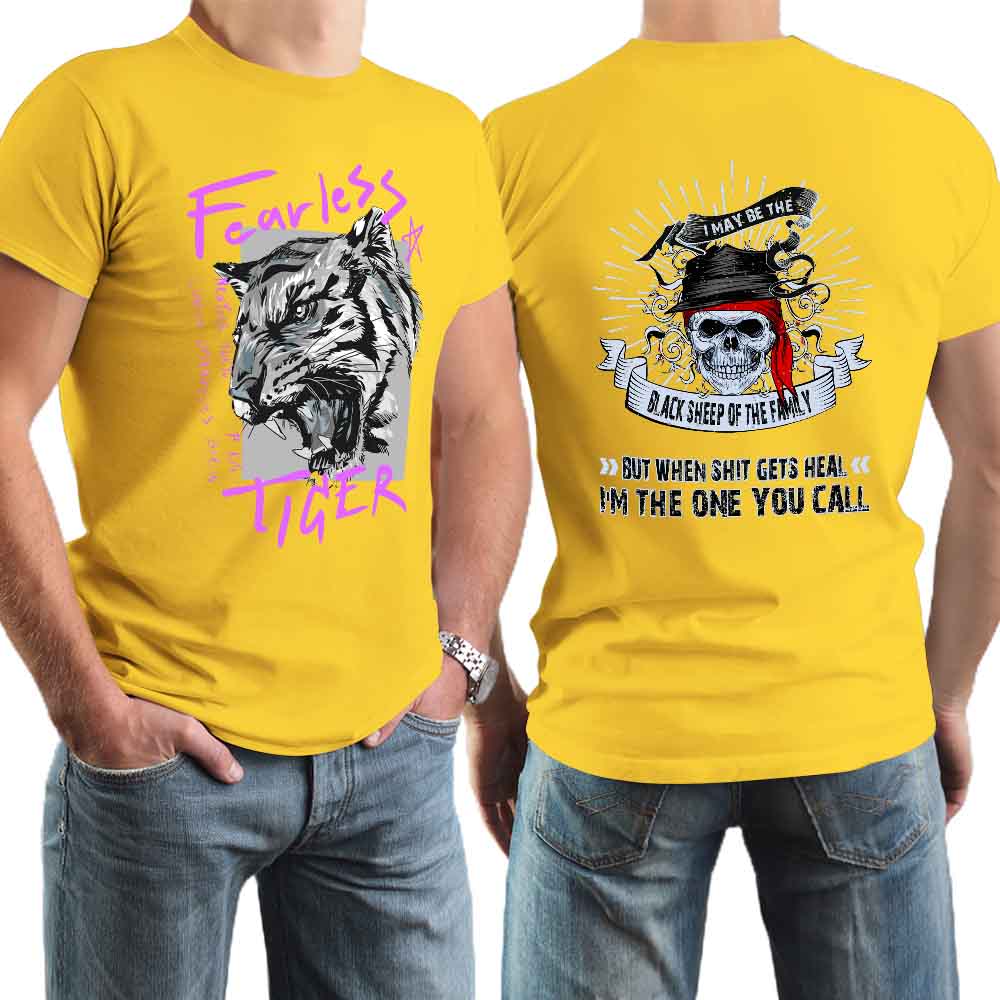 Yellow cotton Fearless Tiger men's T-shirt, front and back print, collection