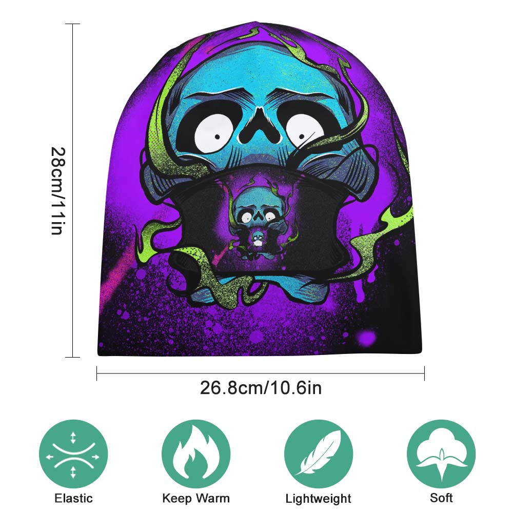 Full print pullover cap featuring a vibrant skull design, warm and stylish.