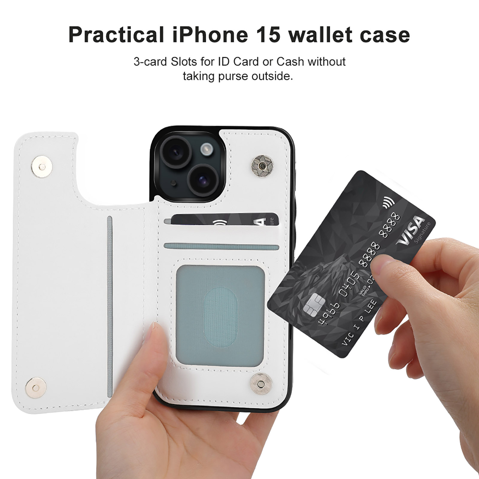 iPhone 15 wallet case with card slot, white leather design for full protection.