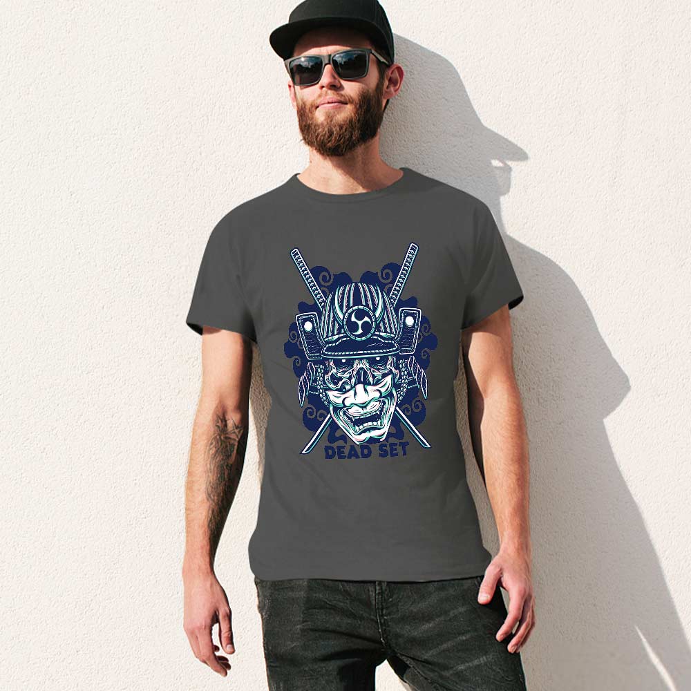 Dark gray cotton men's T-shirt with blue samurai skull design for events and leisure