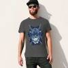 Dark gray cotton men's T-shirt with blue samurai skull design for events and leisure
