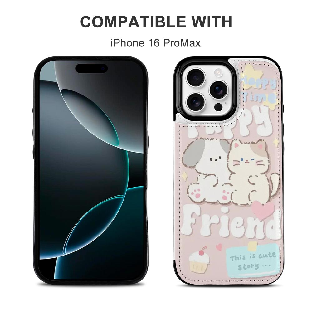 iPhone 16 case compatible with iPhone 16 Pro Max, featuring a cute cartoon friend design with card slot.