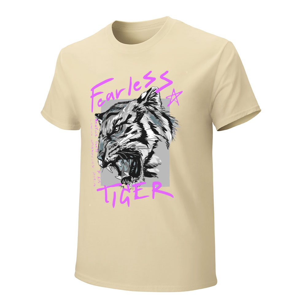 Beige men's cotton Fearless Tiger graphic t-shirt.  Collection.